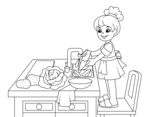 Girl is washing the dishes. Raster illustration, coloring book.