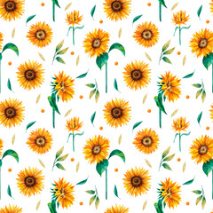 Sunflowers watercolor hand drawn seamless pattern. Yellow flowers pattern isolated on white background 