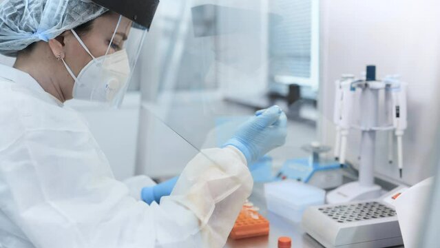 female scientist makes PCR DNA tests in a modern chemical and bacteriological laboratory.