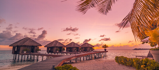 Amazing sunset panorama at Maldives. Luxury resort villas seascape with palm leaves under colorful...