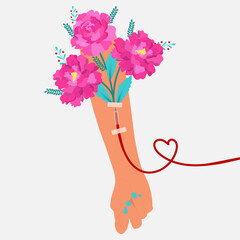 Blood donor arm with flowers. World blood donor day illustration