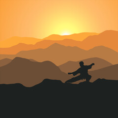 Fototapeta na wymiar silhouette of a person exercising qigong in mountain