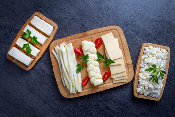 Traditional various cheeses, string, knitted and cecil cheese, turkish delicatessen concept