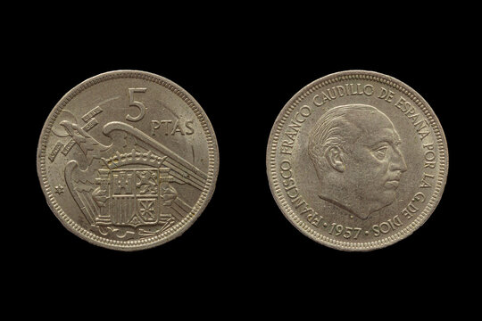 Spanish peseta coin obverse and revese. Currency of Spain