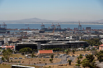 Cape Town, South Africa. 2022. Overview of business offices at Boulevard, the foreshore and container port in Cape Town.