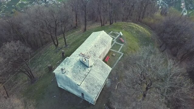 Aerial view of San Martino church in Sagno, Ticino, Switzerland