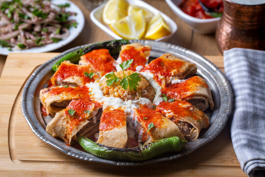 Turkish Beyti Kebap or kebab with grilled vegetables