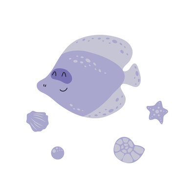 A cute purple fish with a beautiful hike. Cartoon marine character. Final illustrations of fish in kawaii style. Cartoon of fishes.