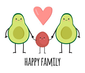 Vector hand drawn flat avocado and happy family isolated on white background