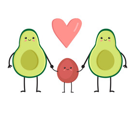 Vector hand drawn flat avocado family isolated on white background