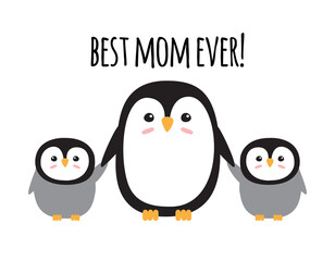 Obraz premium Vector flat hand drawn penguin mom and baby and best mom ever text isolated on white background