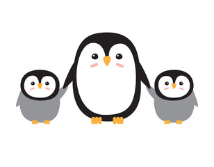 Vector flat hand drawn penguin mom and two babies isolated on white background