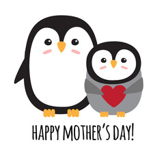 Vector flat hand drawn penguin mom and baby and happy Mother’s Day text isolated on white background
