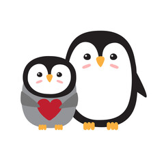 Vector flat hand drawn penguin mom and baby isolated on white background