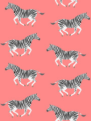 Fototapeta na wymiar Vector seamless pattern of hand drawn flat running zebra isolated on pink background