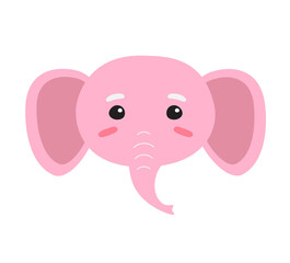 Vector flat hand drawn pink elephant face head isolated on white background