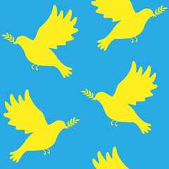 Vector seamless pattern of Ukraine yellow pigeon of peace silhouette isolated on blue background