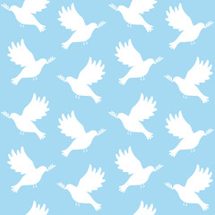Vector seamless pattern of flat pigeon of peace silhouette isolated on blue background