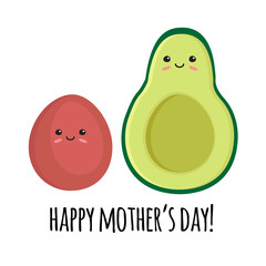 Vector hand drawn flat avocado with baby seed and happy Mother’s Day text isolated on white background