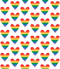 Vector seamless pattern of hand drawn doodle sketch lgbt rainbow flag heart isolated on white background