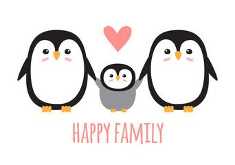 Vector flat hand drawn penguin and happy family lettering isolated on white background - obrazy, fototapety, plakaty
