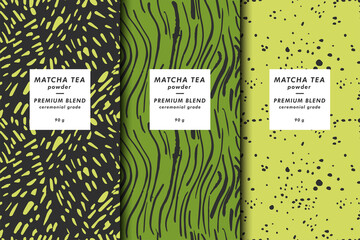 Fototapeta Vector illustration set of templates contemporary abstract cover and patterns for matcha tea packaging with labels. Minimal modern backgrounds. obraz