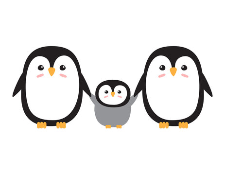 Vector flat hand drawn penguin family isolated on white background