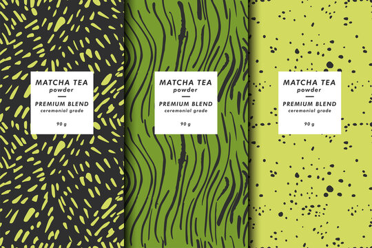 Vector illustration set of templates contemporary abstract cover and patterns for matcha tea packaging with labels. Minimal modern backgrounds.