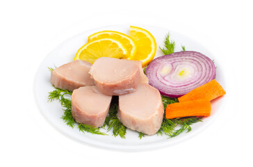 Turkish appetizer Pickled Tunny Fish with Olive Oil (Turkish name; Lakerda)