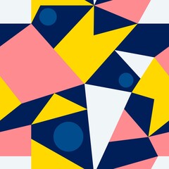 Vector pattern with geometric pattern in trendy colors. Different geometric shapes are randomly arranged on a blue background.