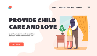 Grandparent Support Landing Page Template. Grandpa Comforting Granddaughter, Grandfather Hug Girl, Happy Family Love