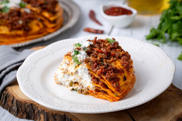 Turkish Food Kayseri Yaglama with Minced Meat, Yogurt and Tomato Paste