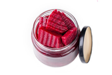 Sliced red beets in a jar - preparation of fermented. Pickled beetroot