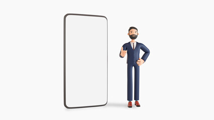 Happy businessman showing okay gesture, big phone blank screen next to him 3d illustration cartoon