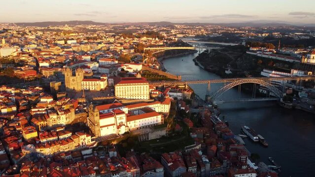 Drone view of the road and rail arch bridge in Porto.