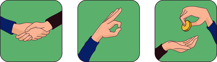 Handshake, ok, charity or buying. Set of gestures.