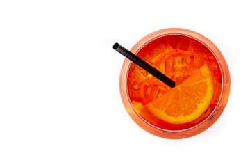 Glass of aperol spritz cocktail isolated on white background. Top view. Copy space
