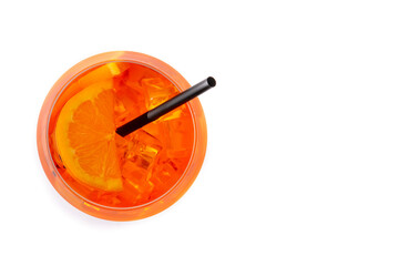 Glass of aperol spritz cocktail isolated on white background. Top view. Copy space