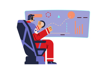 Astronaut controls spacecraft, cartoon flat vector illustration isolated.