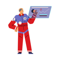 Astronaut before fly looks at instrument panel, vector flat illustration on white background.