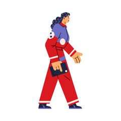 Female astronaut in space suit walking, flat vector illustration isolated on white background.