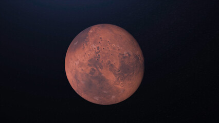 Beautiful abstraction of red Mars planet rotating on black background in space. Animation. Day and night on red Mars planet, light and shadow, spinning colorful sphere in outer space.