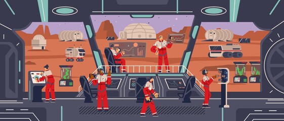 Spaceship interior landed on mars planet, flat vector illustration. © Kudryavtsev