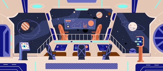 Spaceship exploring outer space, cockpit interior with electronic devices and screens, flat vector illustration. © Kudryavtsev