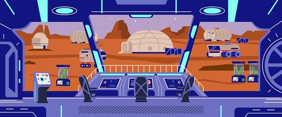 Fantasy flat illustration with spaceship interior, spaceship rocket, vector background. © Kudryavtsev