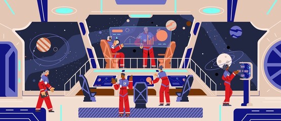 Space interior with team of astronauts on board in flat vector illustration © Kudryavtsev