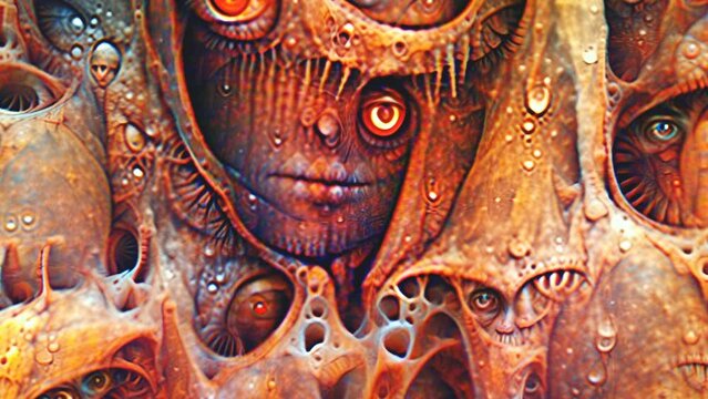AI generated NFT crypto art of abstract face monsters painting. Cubist digital image manipulation of an artificial intelligence.Cyberart travel into the mind concept.