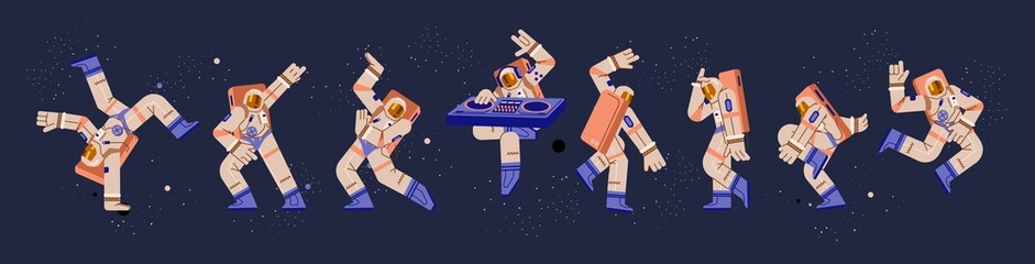 Astronauts dance and play music on DJ mixing console in flat vector illustration