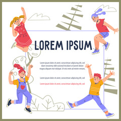 Banner or poster for children party or summer camp, park entertainment activity with cute cheerful kids, flat vector illustration on a white background.