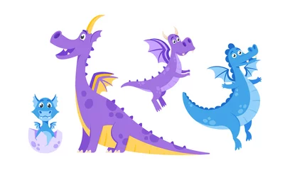 Foto op geborsteld aluminium Draak Set Cute Fabulous Dragons. Fairytale Baby and Adult Amphibians Characters, Flying Reptiles, Medieval Fantasy Creatures